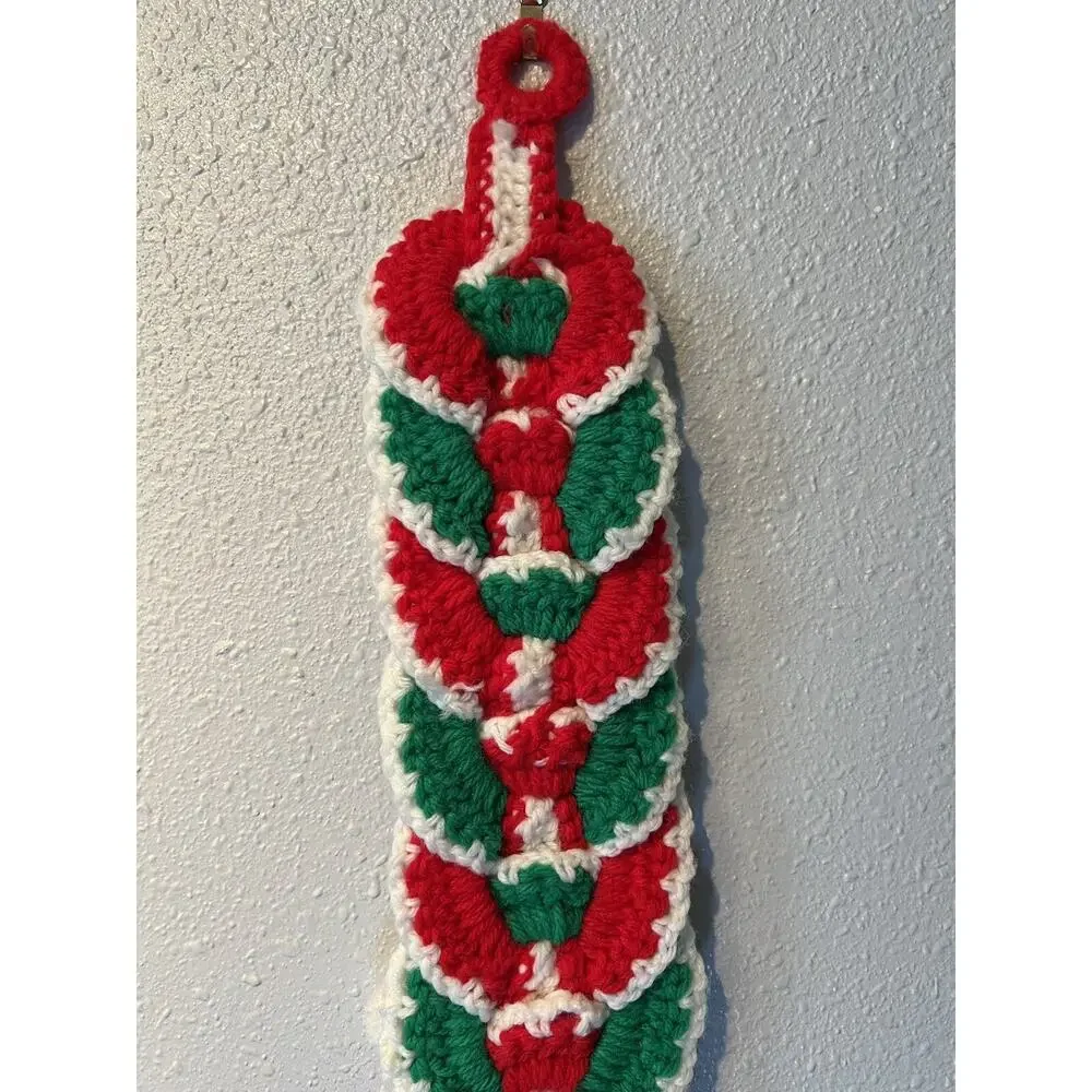 Handmade Crocheted Christmas Bell Santa Wall Hanging 31” Vintage Holiday Kitsch